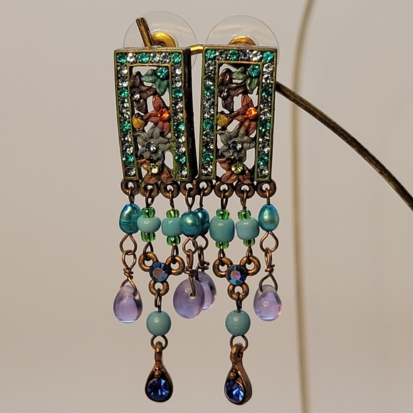 Blue and Lavender Crystal and Beaded Flower Dangle  Earrings - Picture 13 of 16